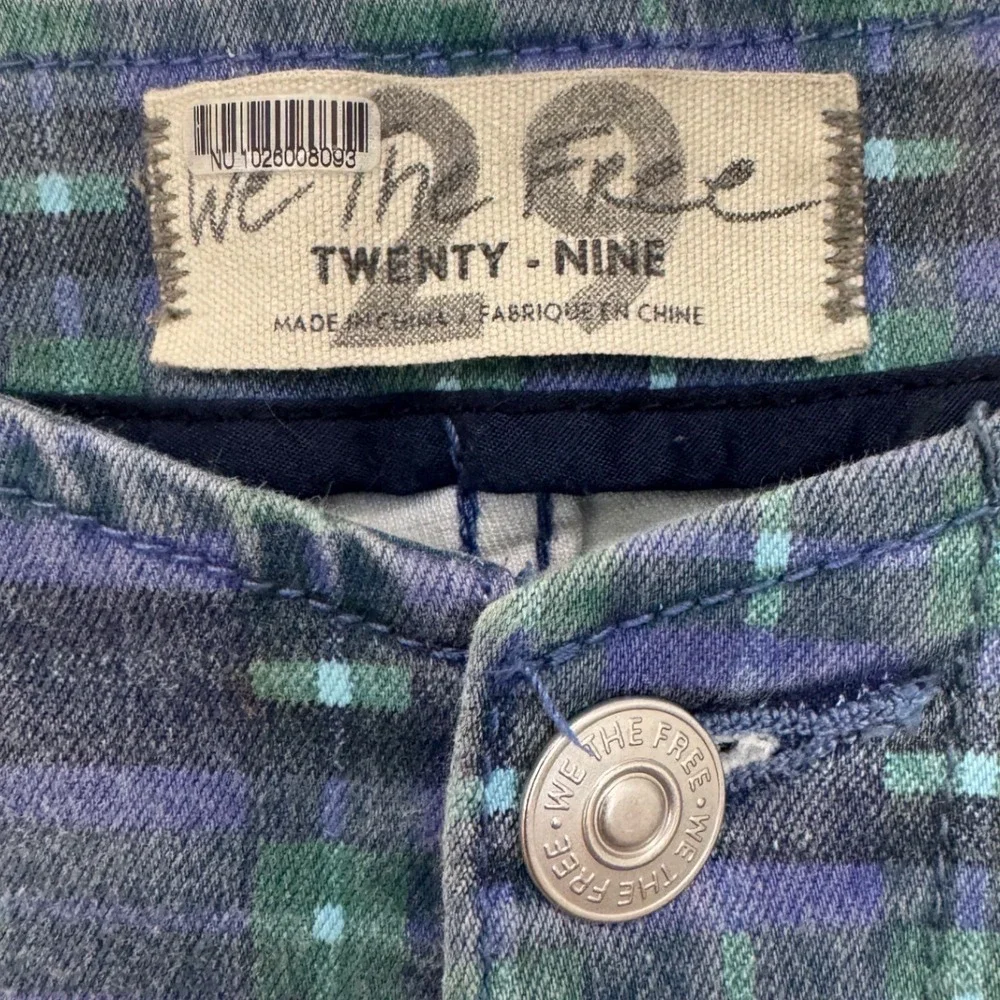 Free People Isla Print Straight Leg Jeans Retro Plaid Blue Green Size 29 Stretch